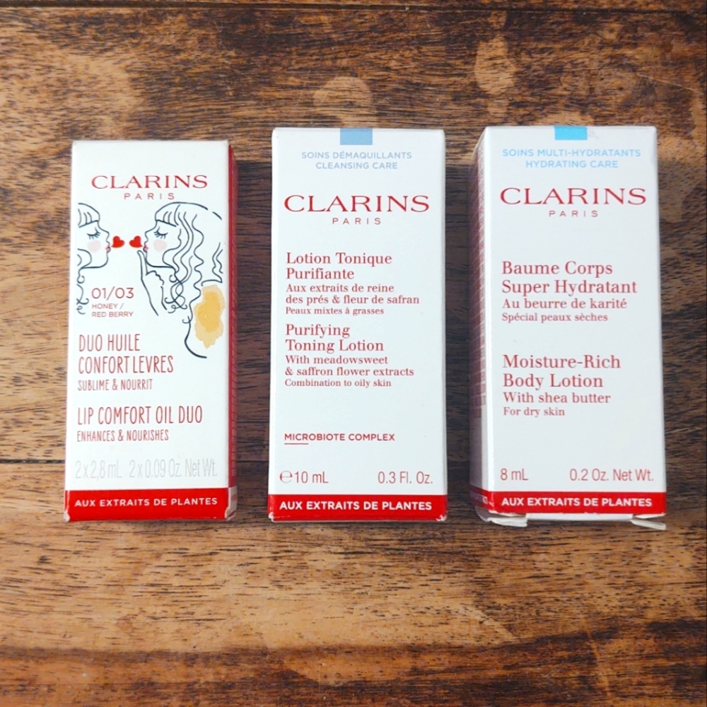 Clarins Trio Purifying Toning Lotion, Moisture Body Lotion, Lip Comfort Oil Duo